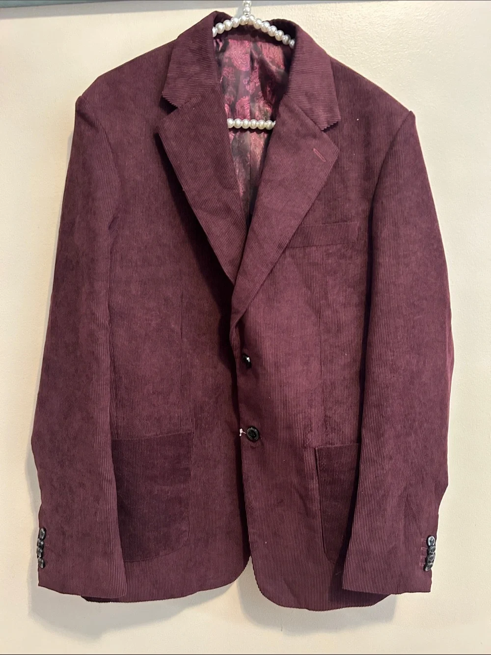 French Crown Burgundy Corduroy Blazer Mens 40 Maroon Sport Coat Paisley Lined